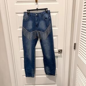 SHEIN Dark Blue Flare Jeans with Silver Chain Fringe